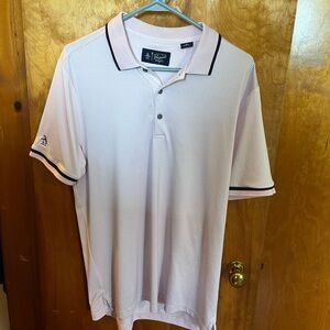 Penguin pink and black striped golf polo
